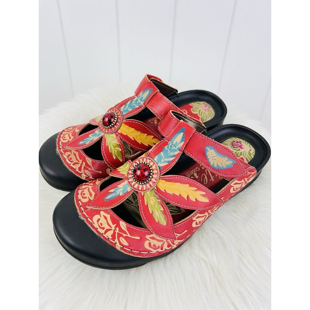 Elite by Corkys Red Leather Handpainted Floral Leaf Boho Sandals Clogs EU39 US8